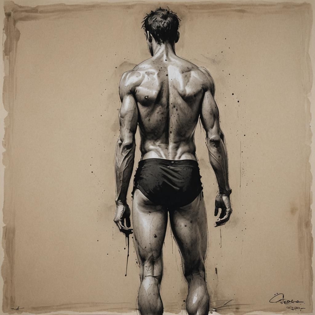 young man, athletic model, full body, rear view, declothed d...