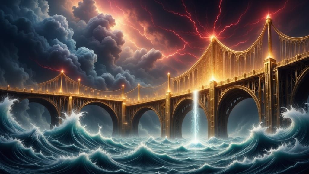Colossal Golden Magical Bridge in Epic Fantasy Style