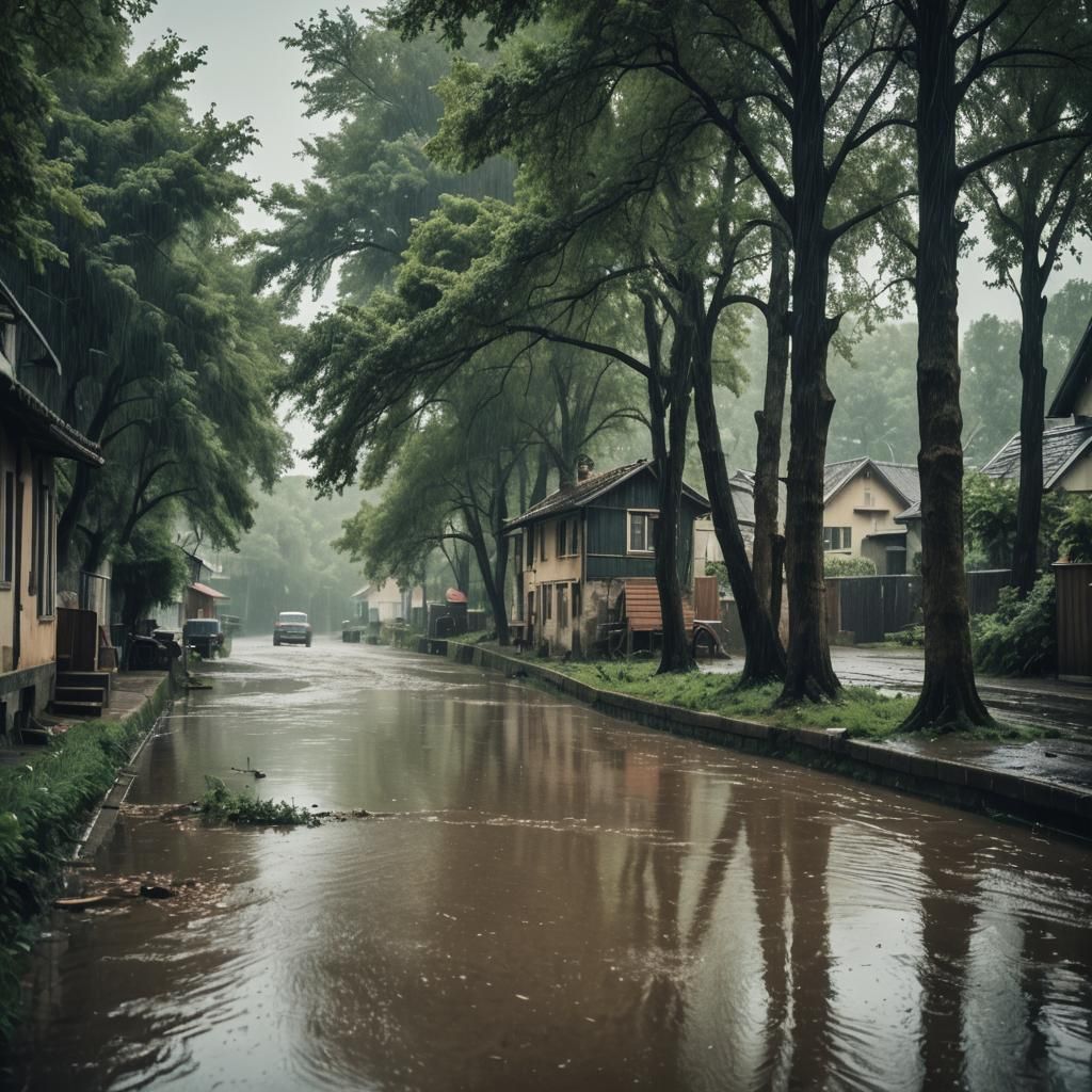 Rainy Village Canal Scene in Cinematic Style