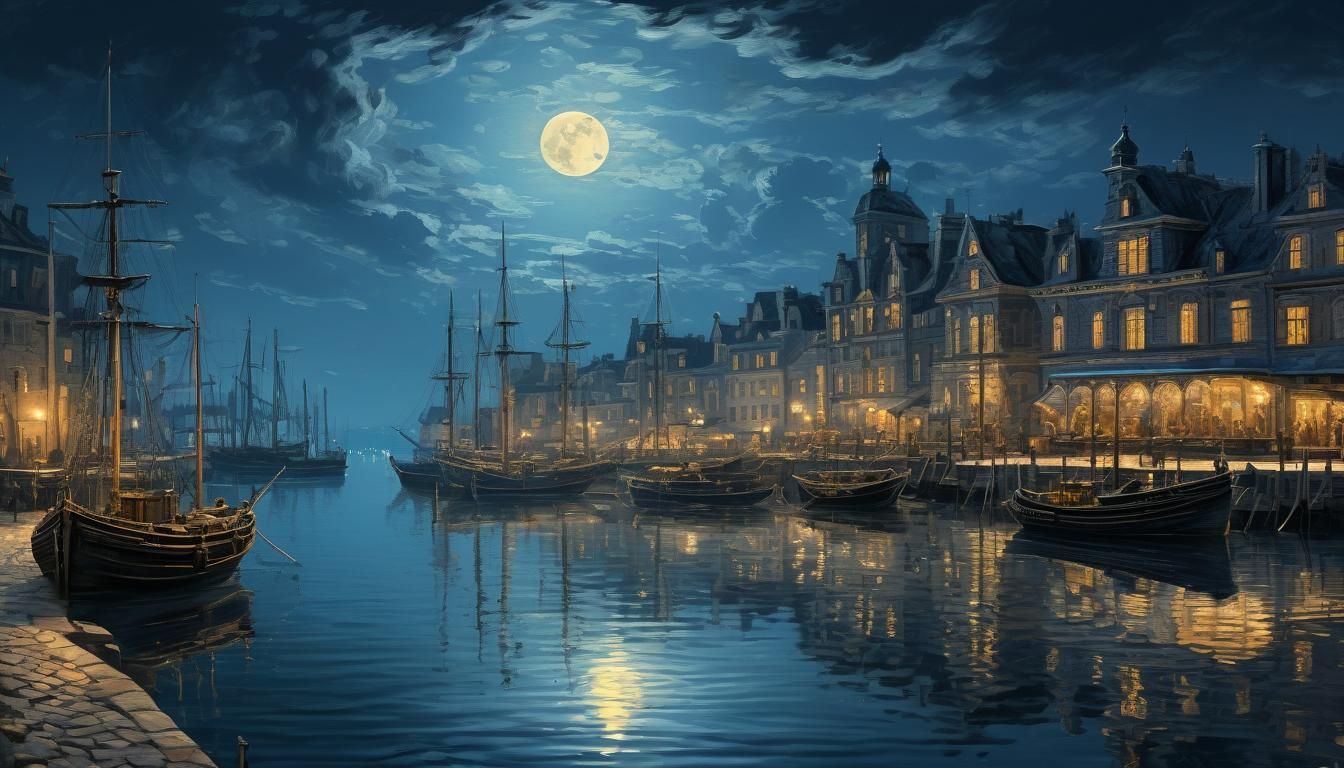 Historic 19th Century Harbor at Night, Romantic Realism Digi...