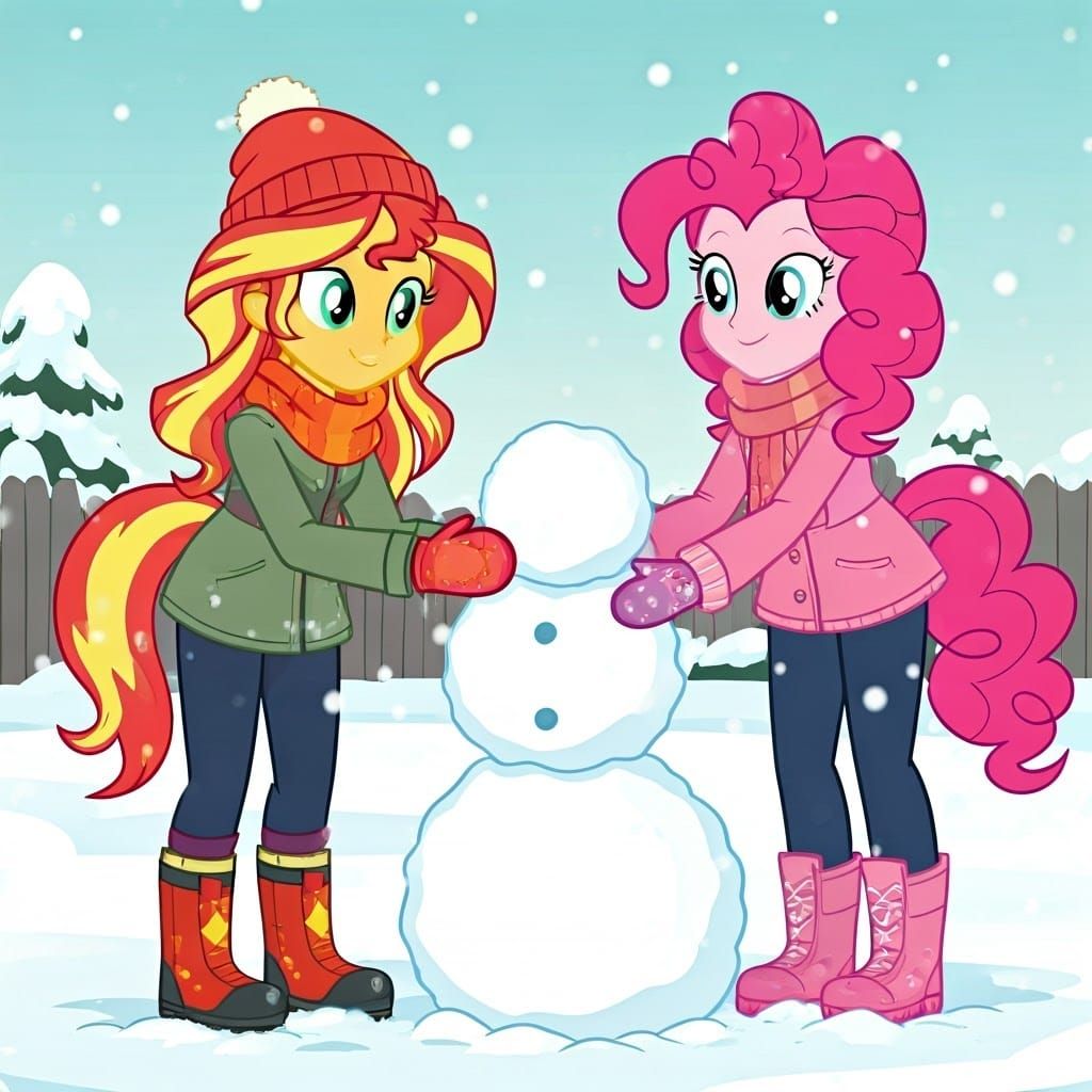 Pinkie Pie and Sunset Shimmer Building a Snowman