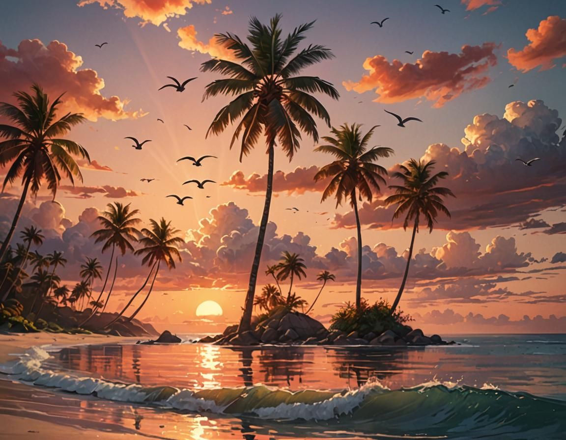 Tropical Island Sunset in Vivid Digital Art