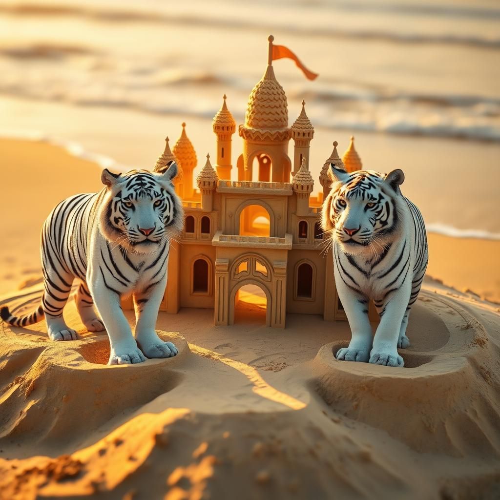 Golden Sand Castle Protected by White Tigers