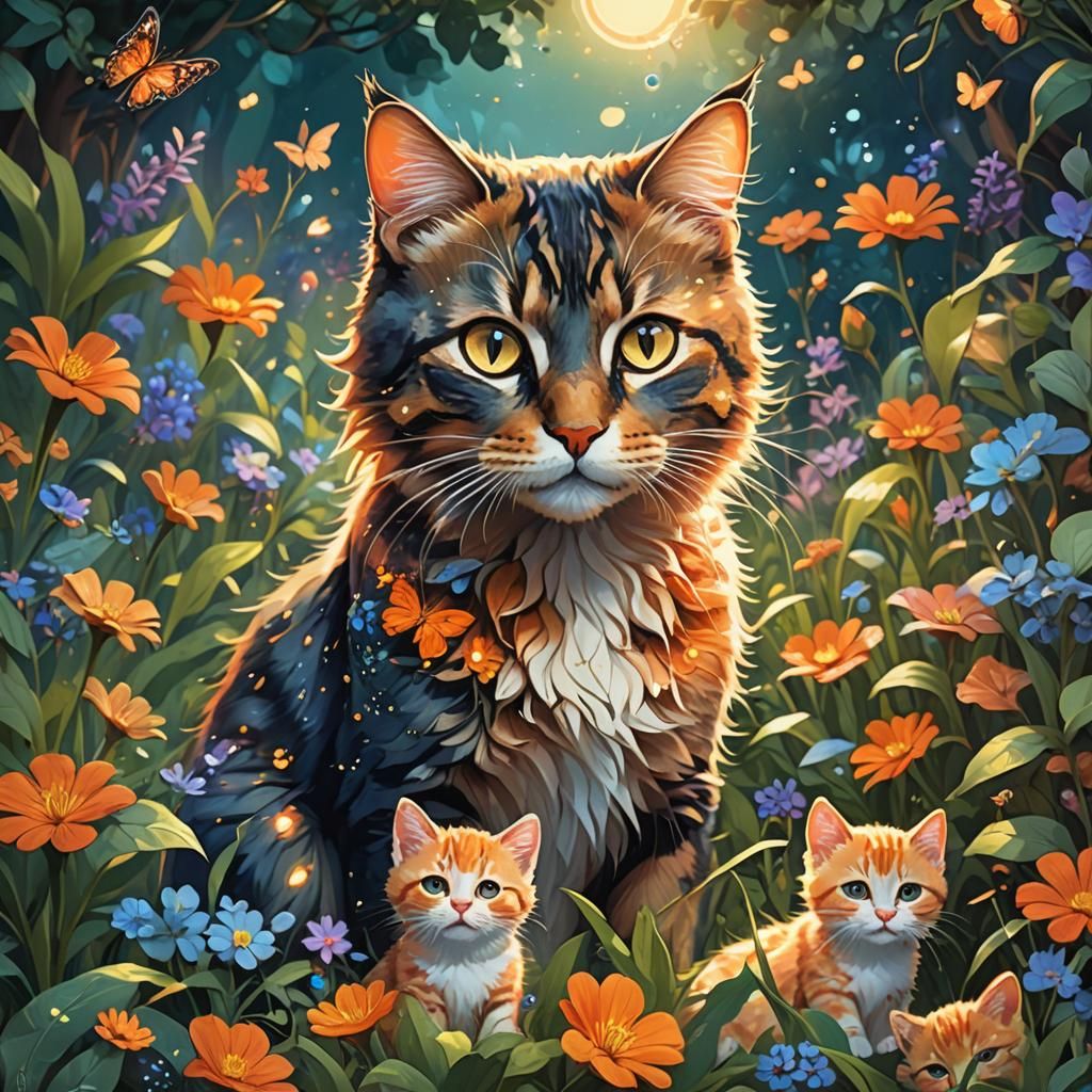 Cat and Kittens in Lush Garden: Fantasy Splash Art