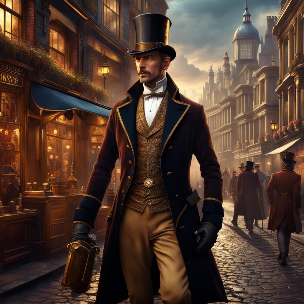 Steampunk Gentleman in a Victorian Cityscape