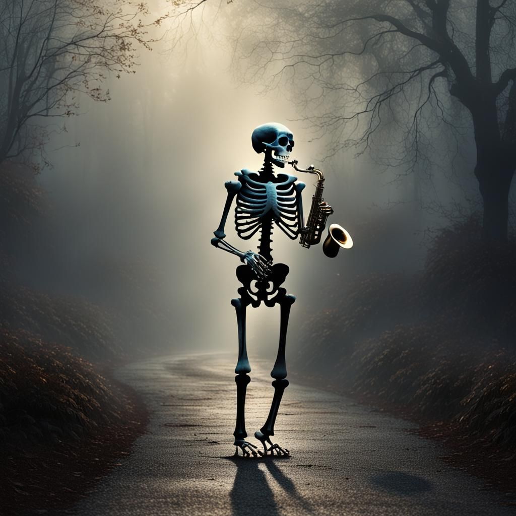 Skeleton Saxophonist in Misty Lit Path