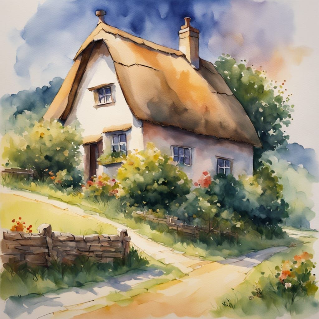 Whimsical Countryside Village in Watercolor Style