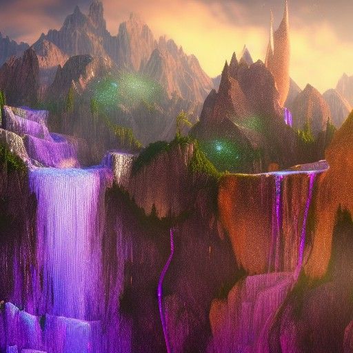 Glitter Waterfall and Mountains: Detailed Fantasy Art