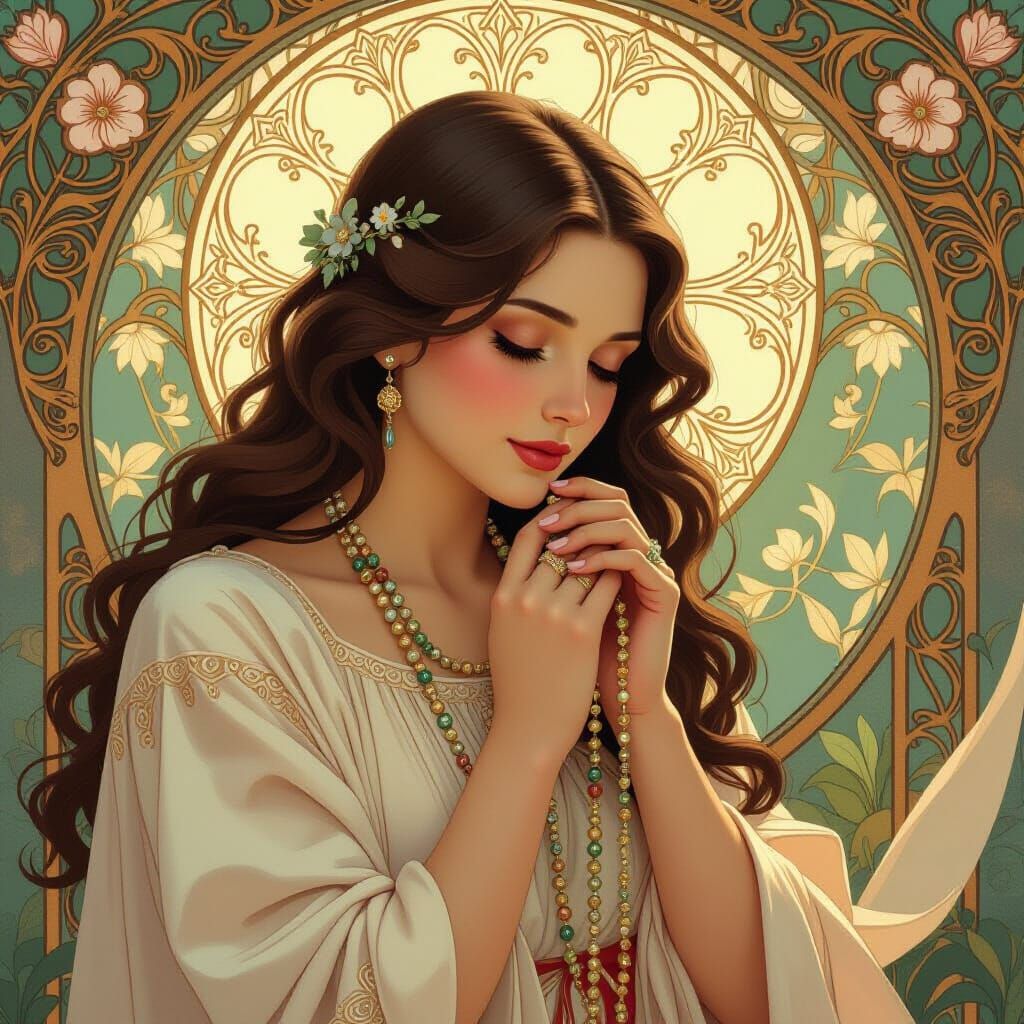 Woman with Rosary in Art Nouveau Style