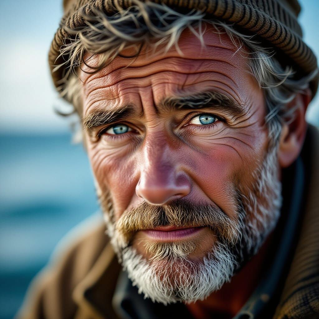 Weathered Sailor Portrait with Piercing Blue Eyes