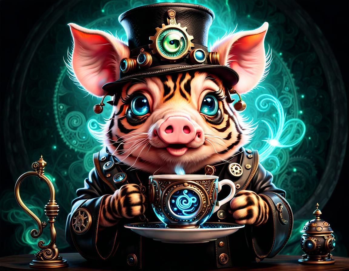 pig-tiger with a cup of coffee