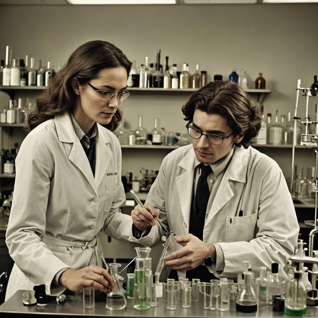 Female Scientist Mentoring Young Man in Chemistry Lab