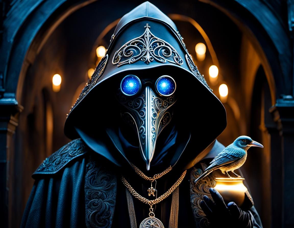 Bioluminescent Plague Doctor Portrait in Hyperrealism Style