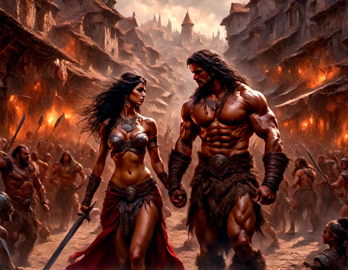 Barbarian Couple on Medieval Street, Fantasy Art