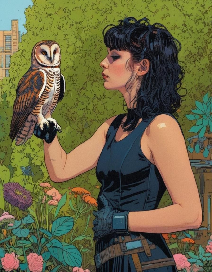 Gothic Woman with Owl in Sci-Fi Garden, Comic Book Style