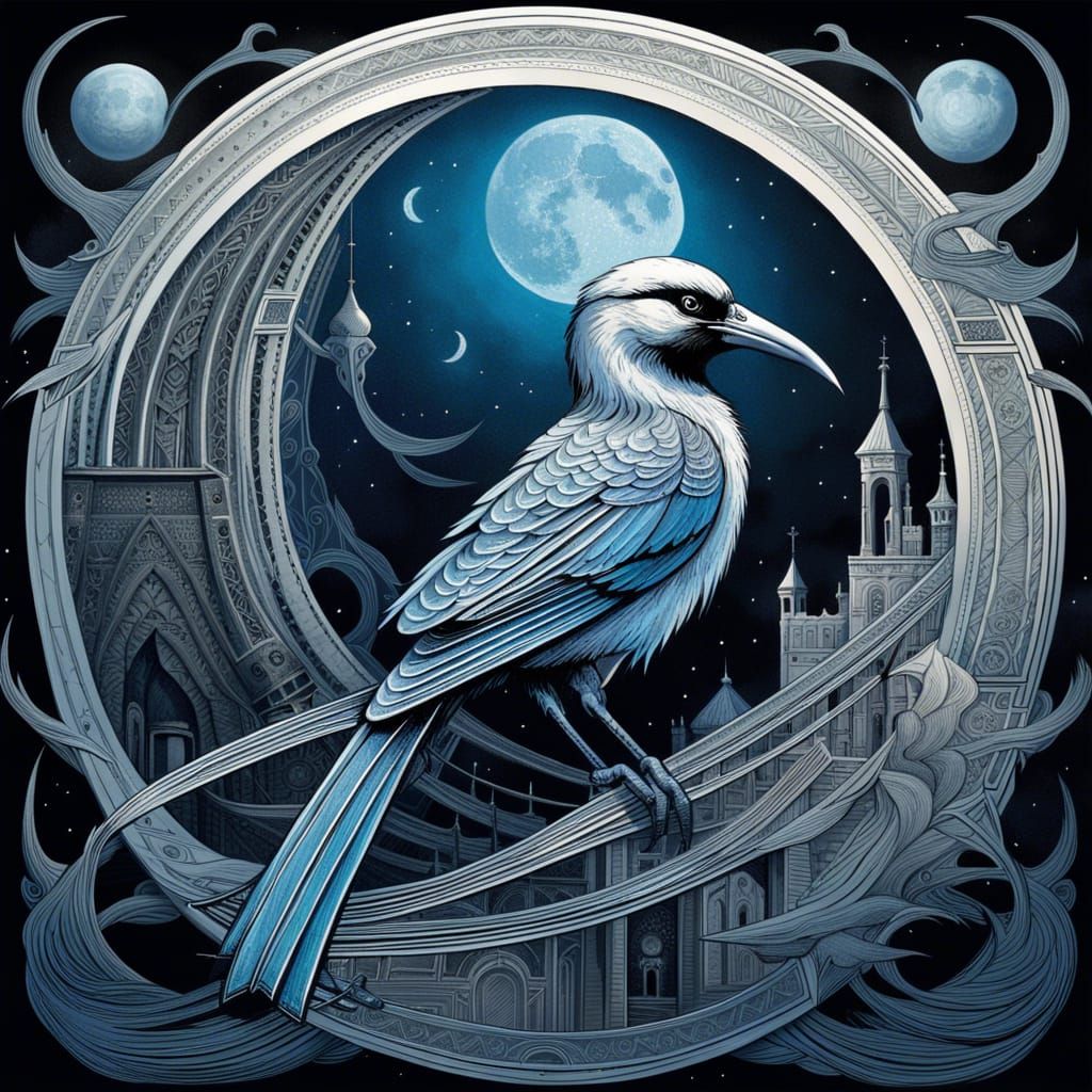 Monochromatic Bird with Moon in Detailed Style