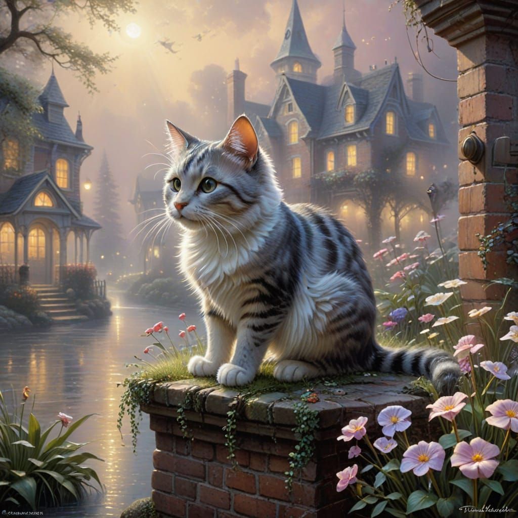 Ethereal Cat and Mice in Misty Fantasy Landscape