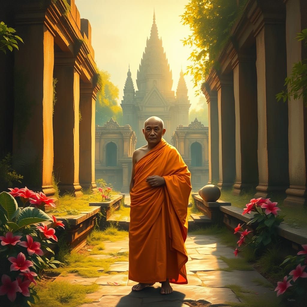 Laos Monk in Ancient Temple: Impressionist Style