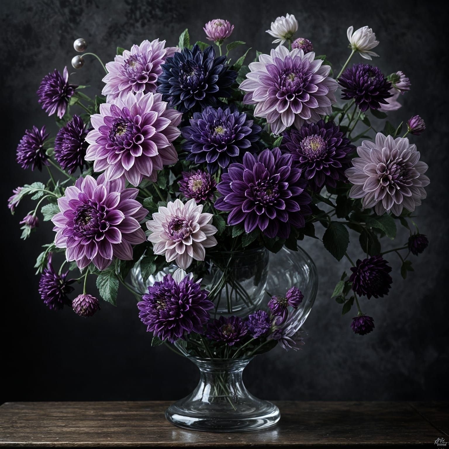 Ornate Vase of Black and Lavender Dahlias