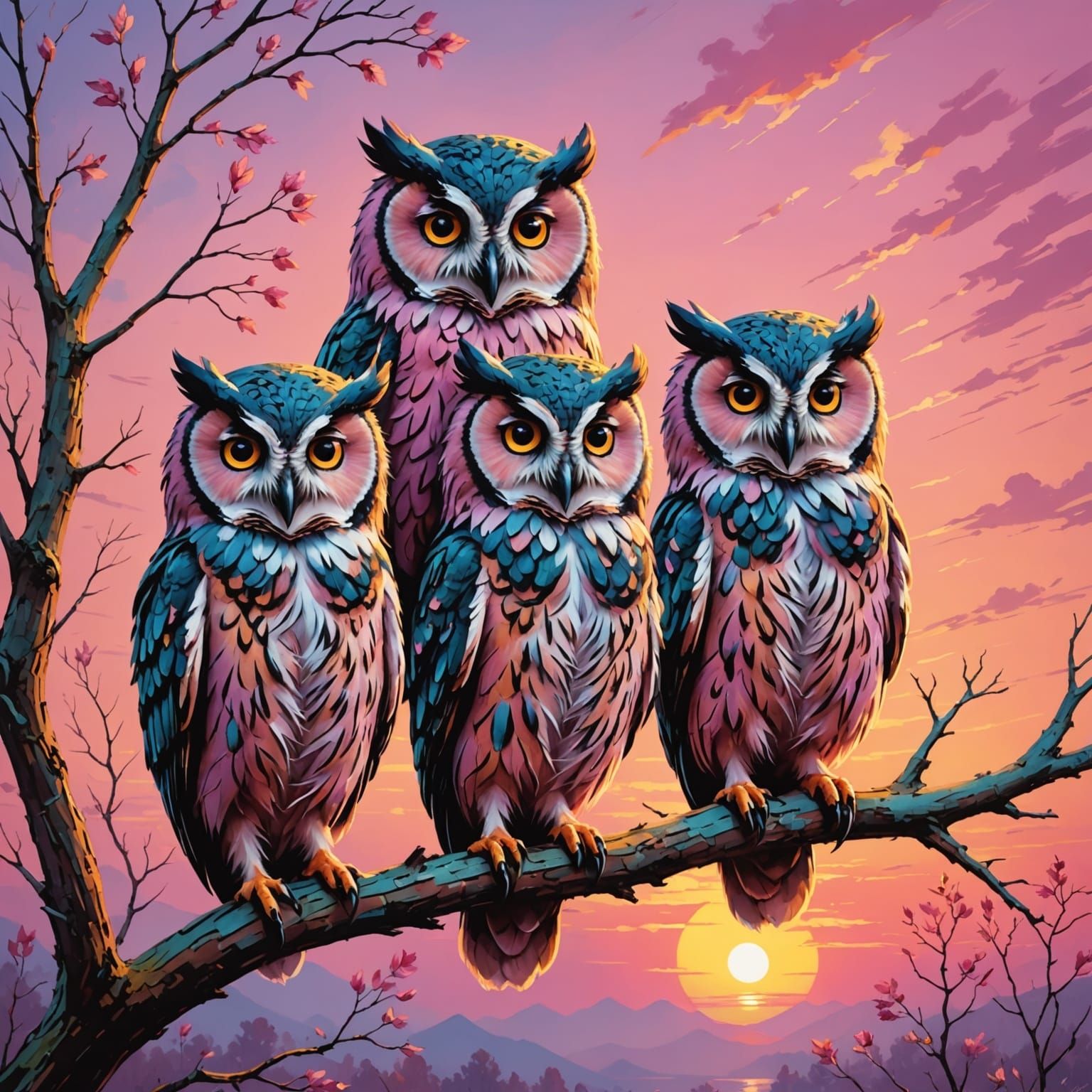Whimsical Owls Perched in a Sunset Landscape