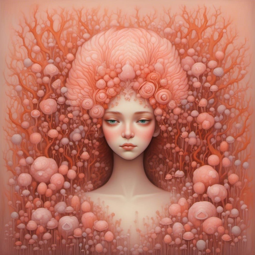 Art Deco Storybook Portrait in Coral and Pink