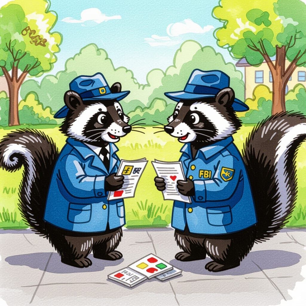 Skunk FBI Agent Arresting a Spy: Gouache Painting