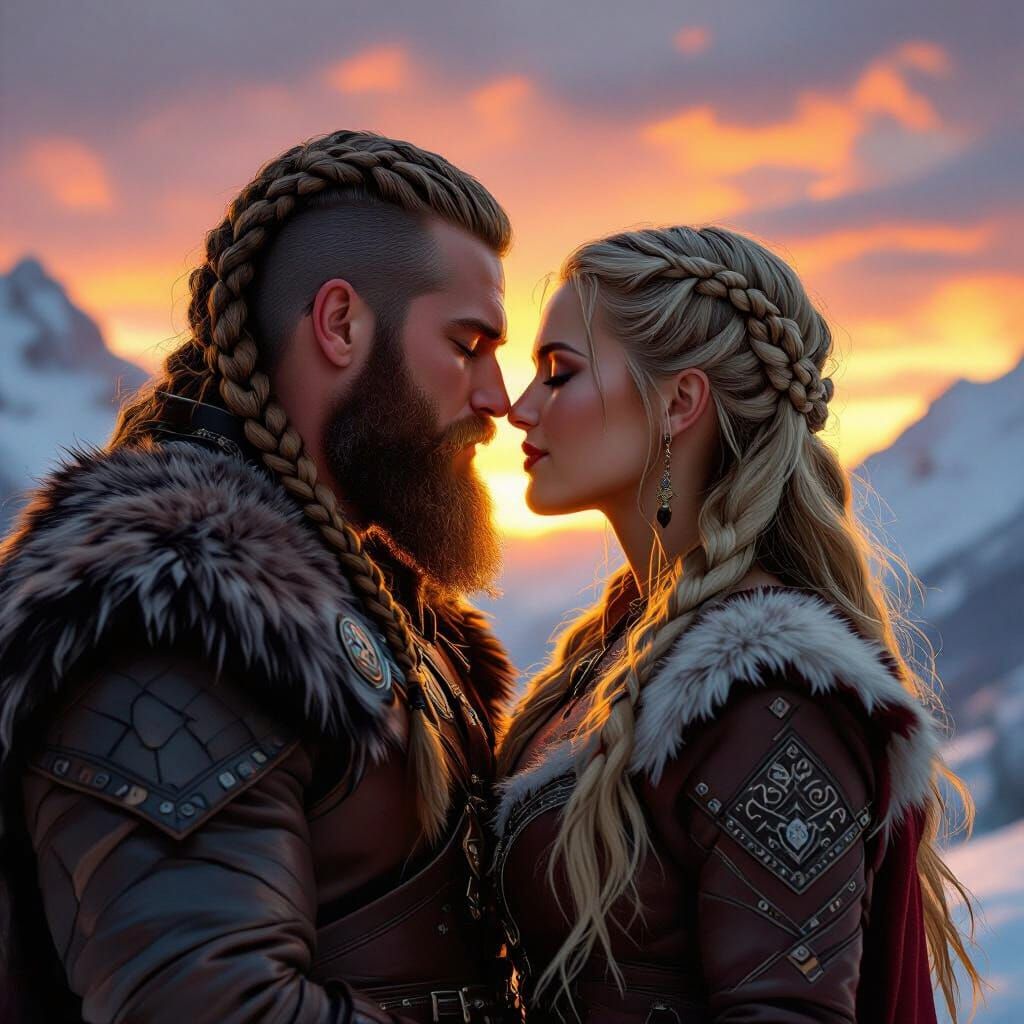 Passionate Viking Couple Kissing at Fiery Sunset