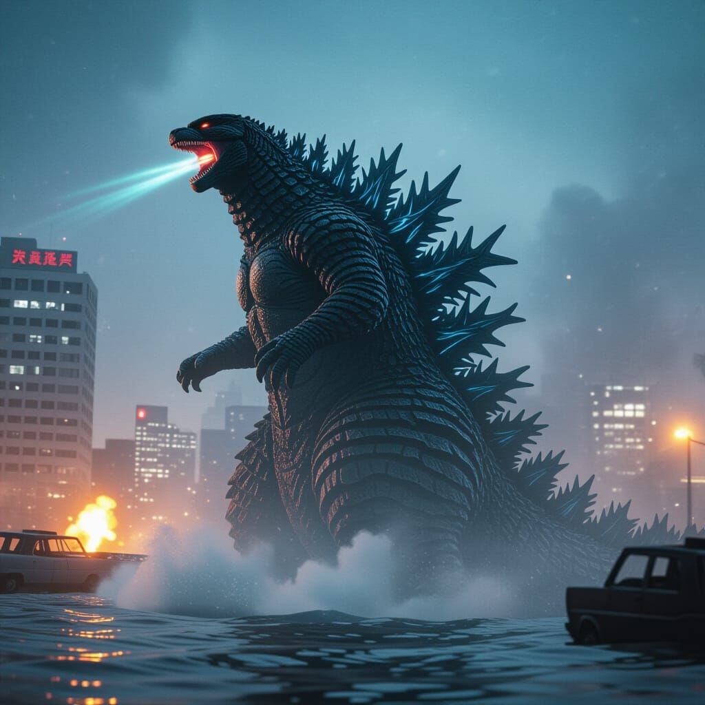 Colossal Godzilla Attacks City in Dramatic Cinematic Lightin...