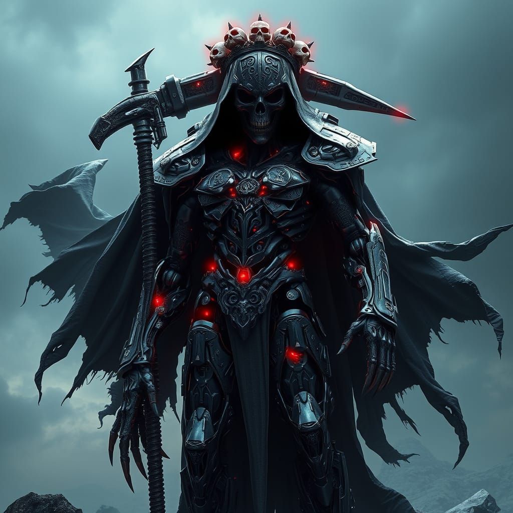 Grim Reaper in Cybernetic Battle Suit, Dark Futuristic Lands...