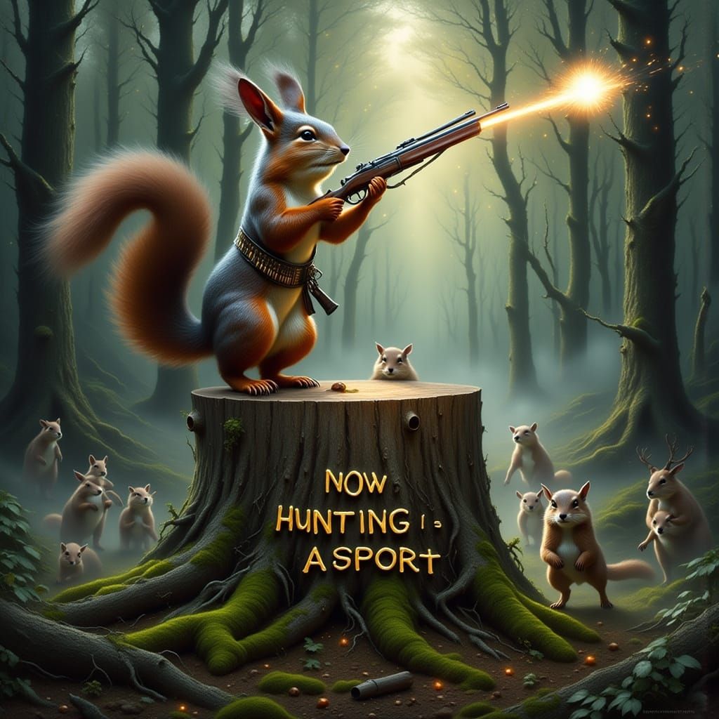 Anthropomorphic Squirrel Hunter in Forest Clearing