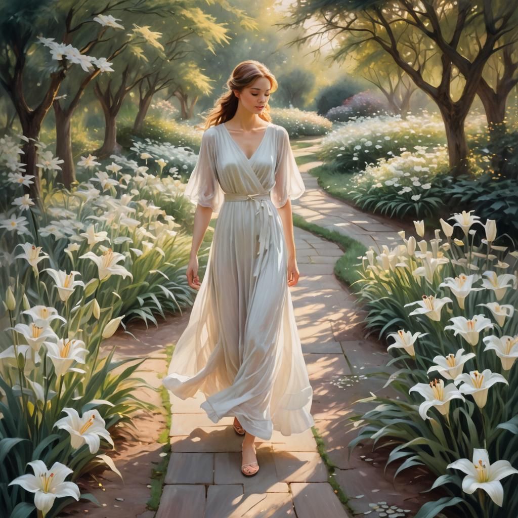 Ethereal Woman in Lily Garden: Impressionist Pastel