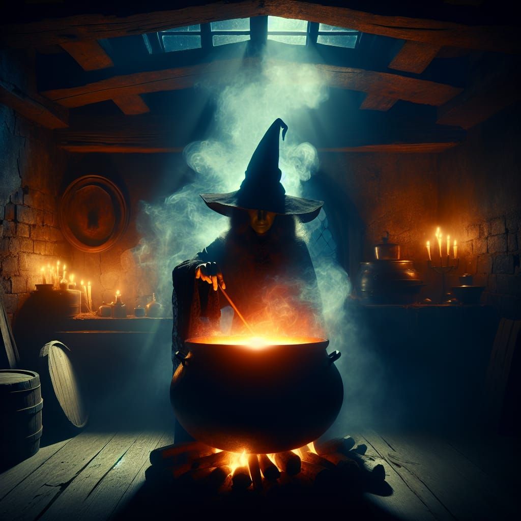 Witch Brewing Potion in Gothic Setting