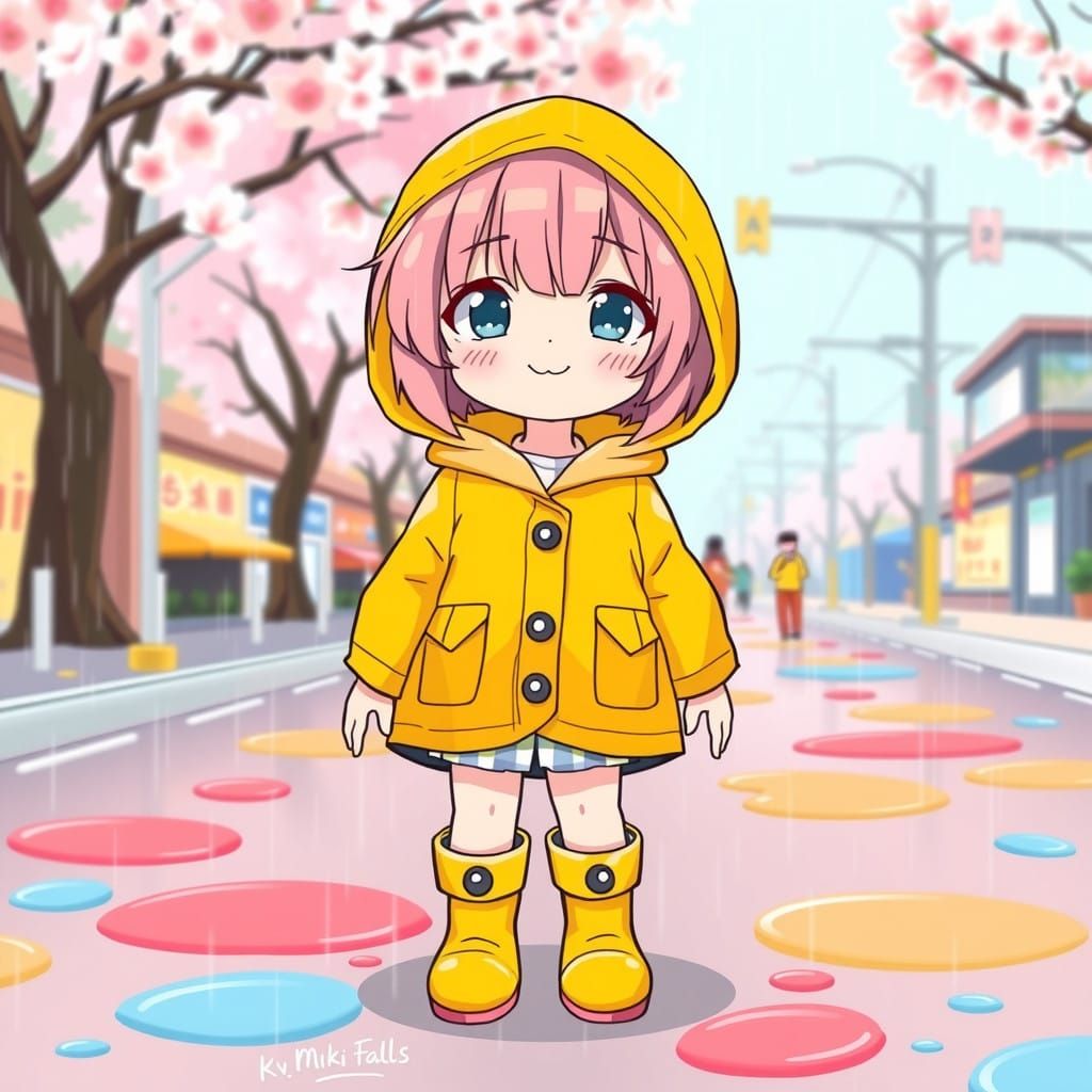 Kawaii Girl in Pastel-Colored Rainy Scene, Inspired by Japan...