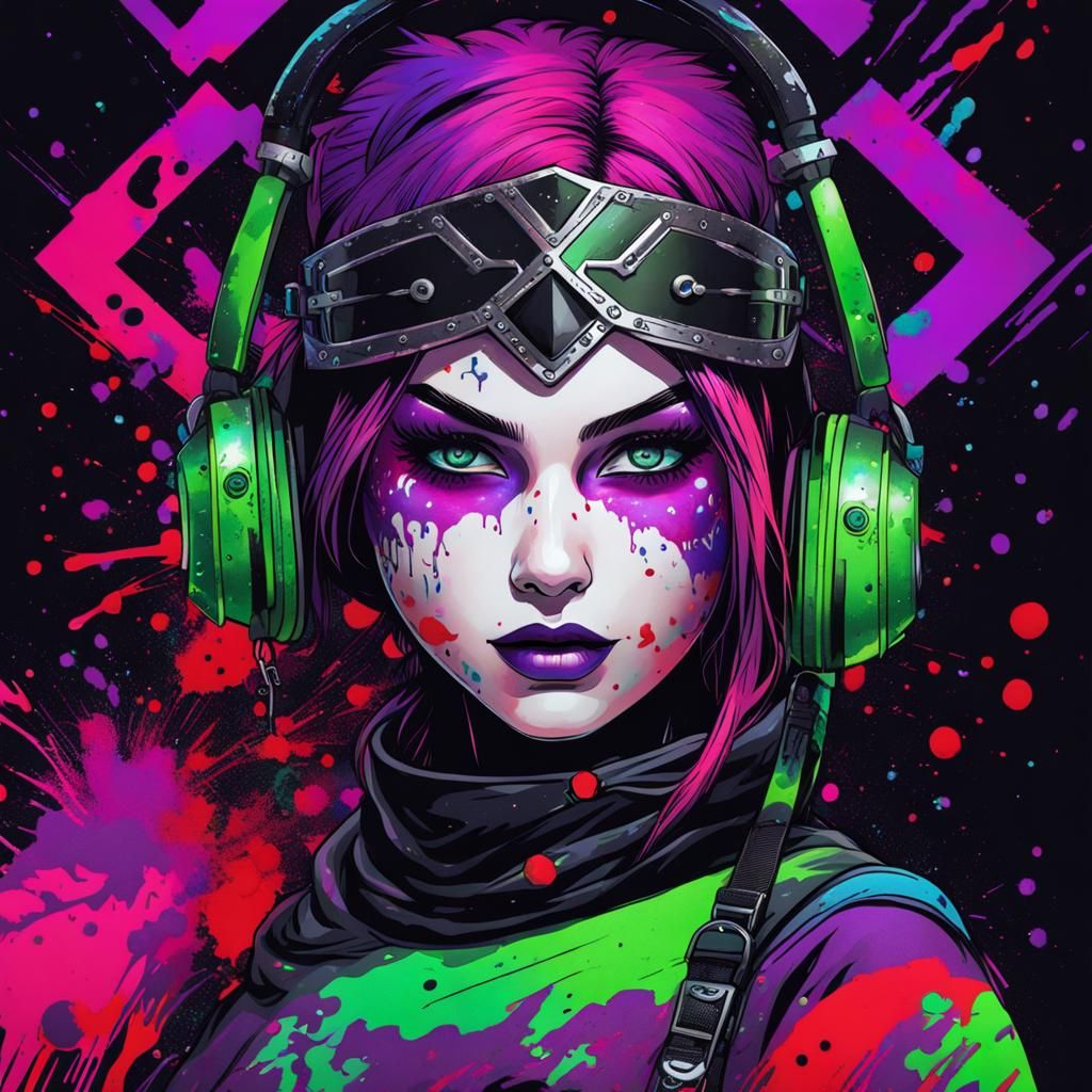 Neon Viking Girl in Cyber Mask with Ink Splatter Art