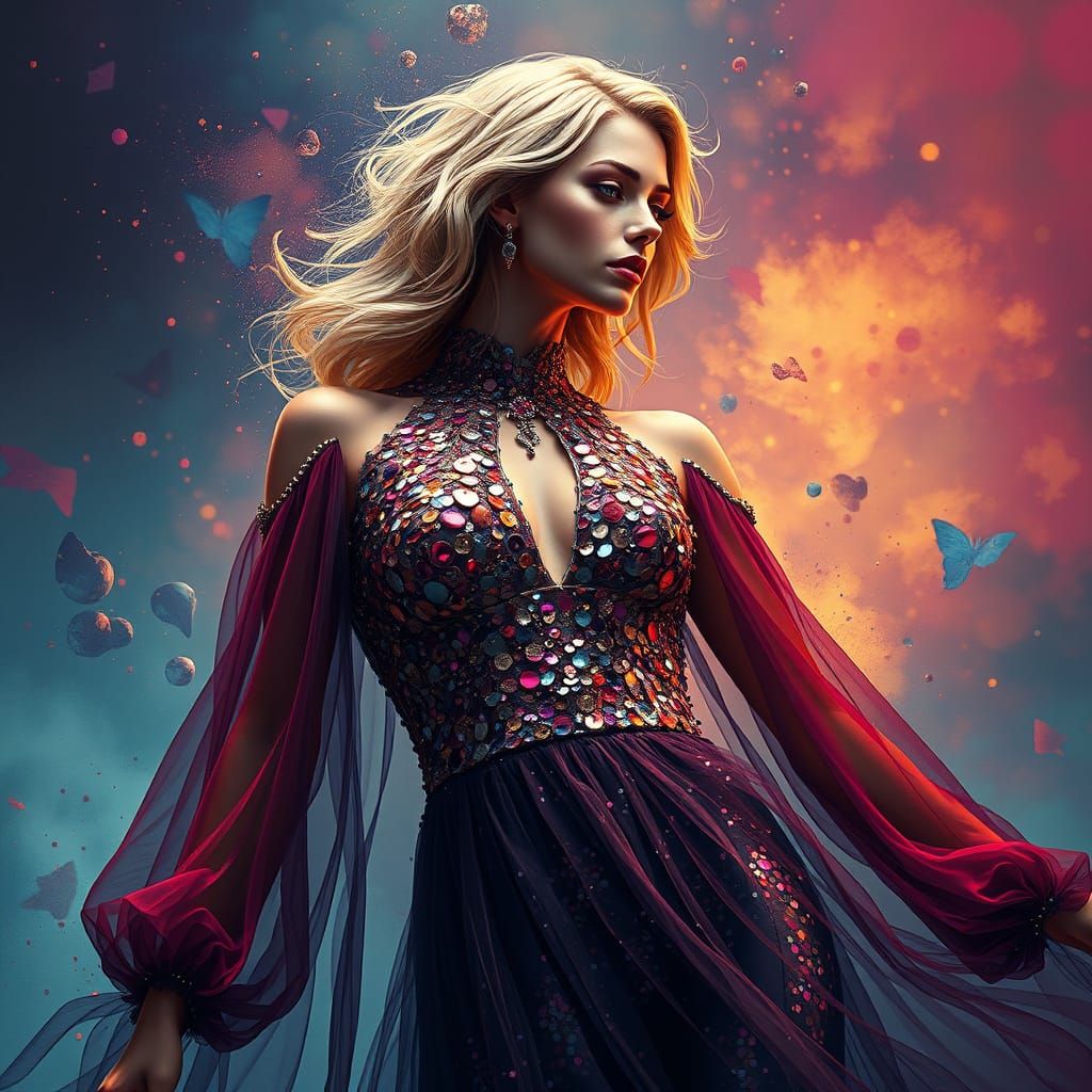 Sequined Fashion Dress in Vibrant Hyperrealism