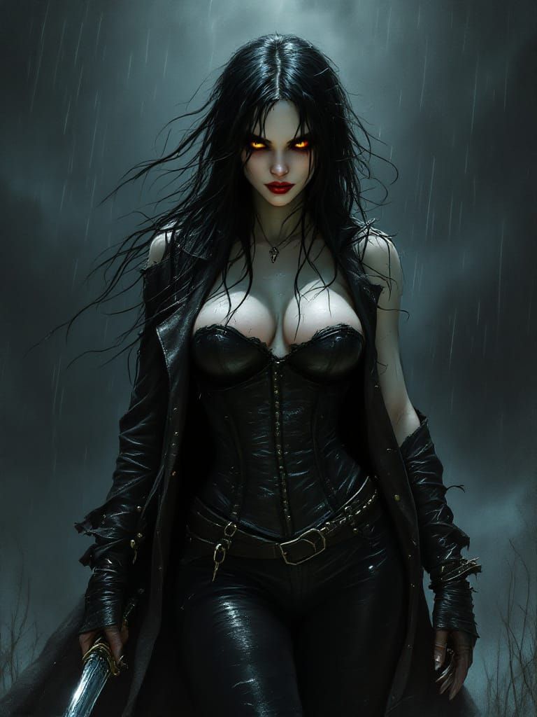 Post-Apocalyptic Vampire Huntress in Rain