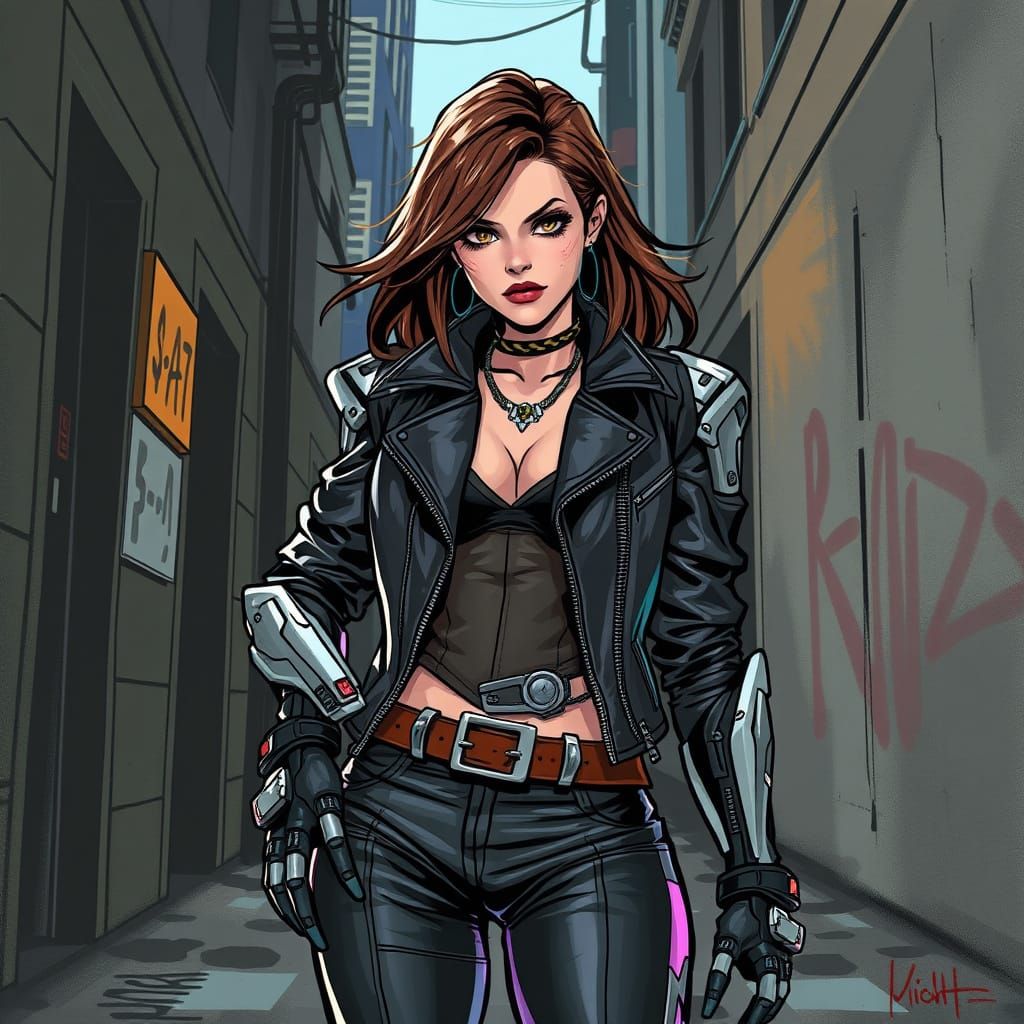 Stylized Cyborg Woman in Dark Alley Illustration