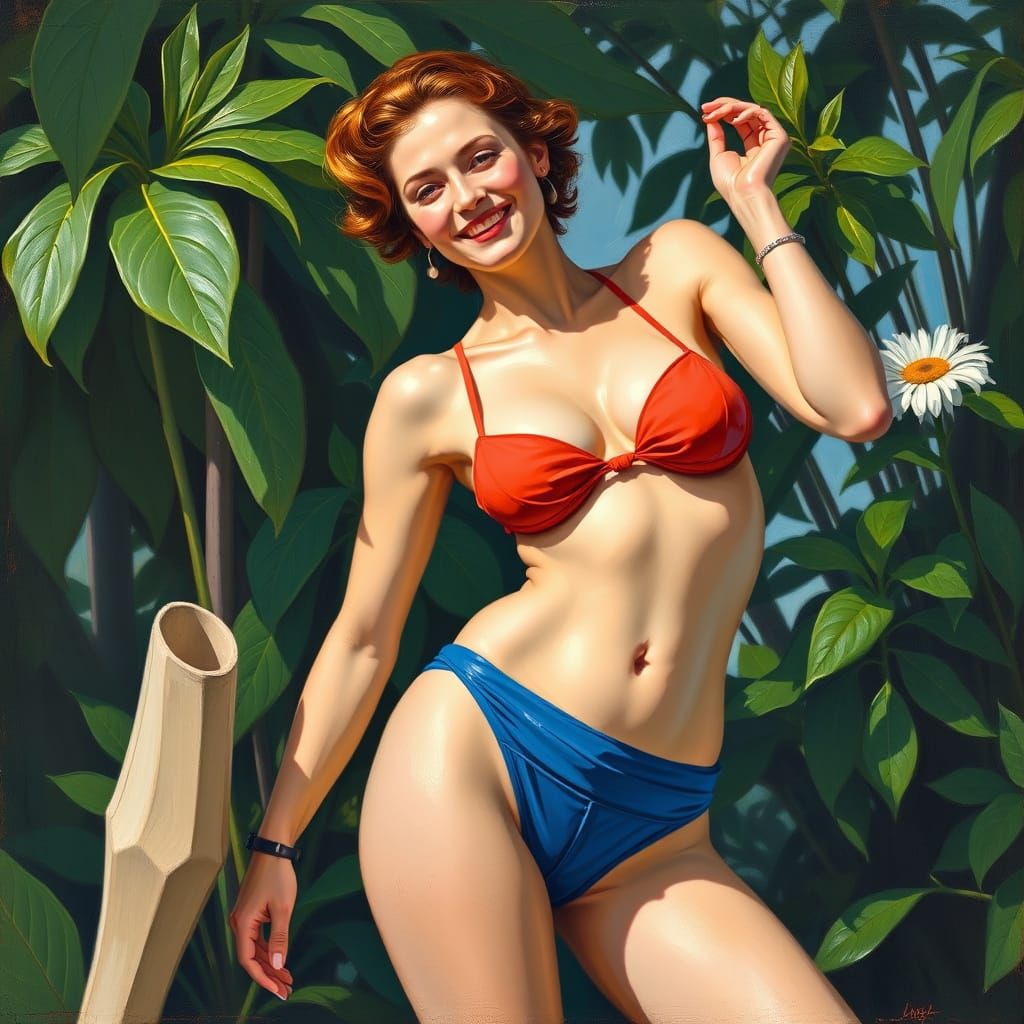 Femme in Vibrant Fauvist Bikini, Smiling with Tropical Green...