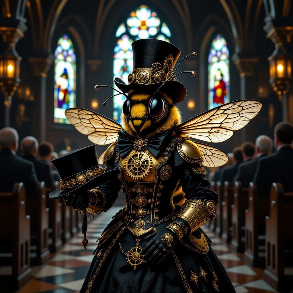 Giant Steampunk Bee at Somber Funeral Service