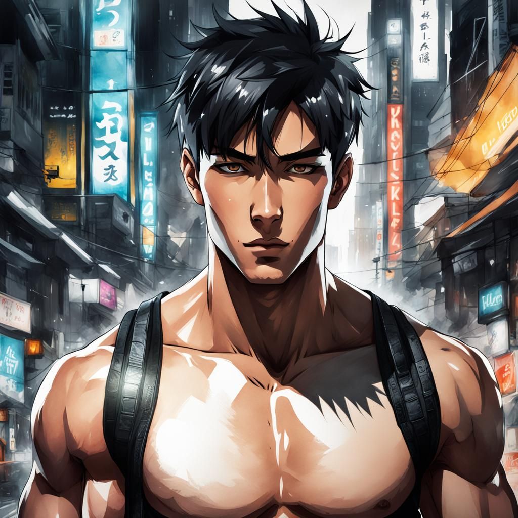 Anime Jock Portrait with Glowing Eyes in Watercolor Style