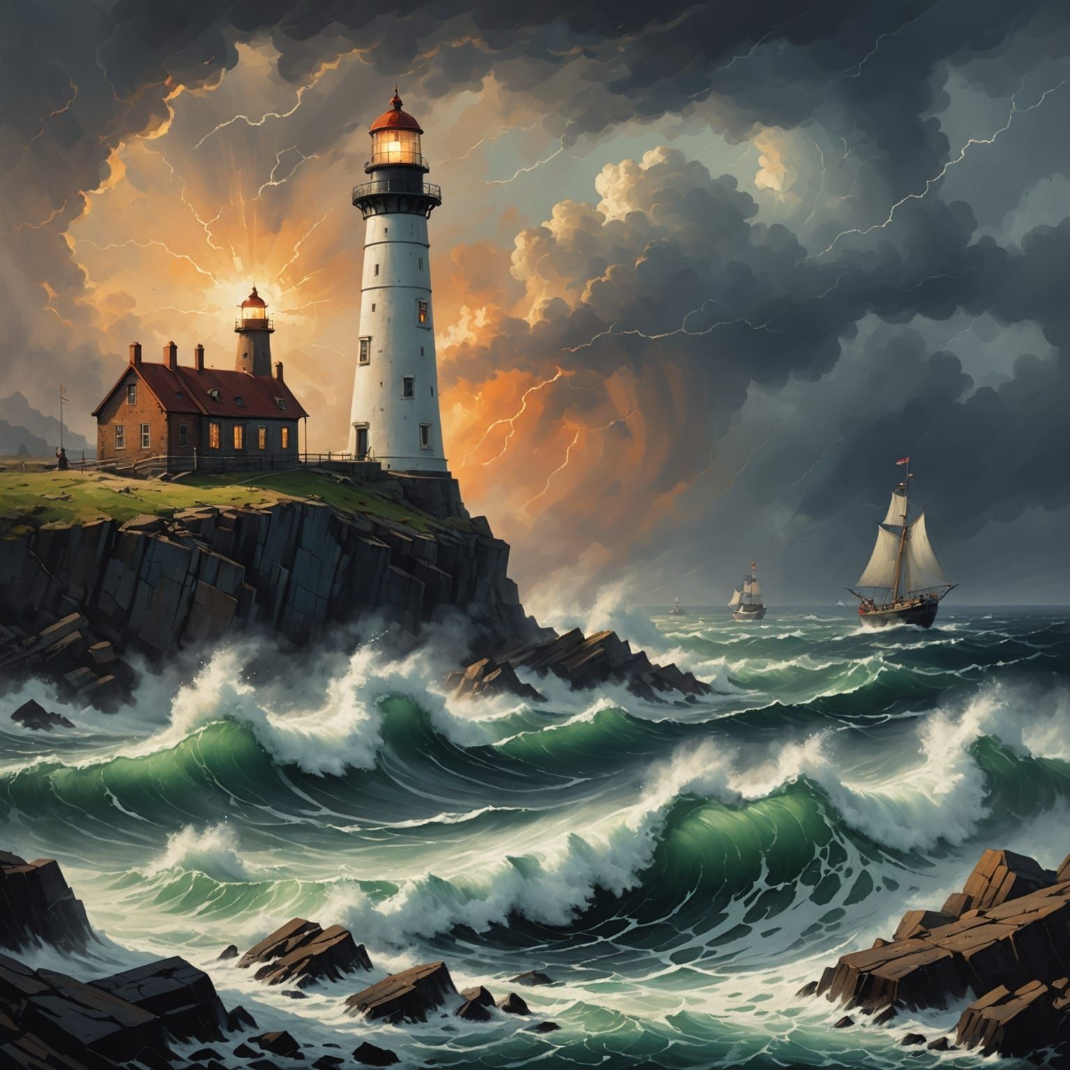 Stormy Seascape: Lighthouse in a Violent Ocean