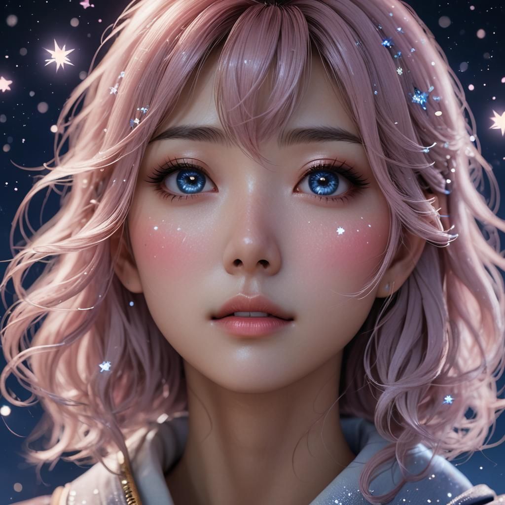 Heartbroken Girl Under Starry Sky: 3D Anime Art