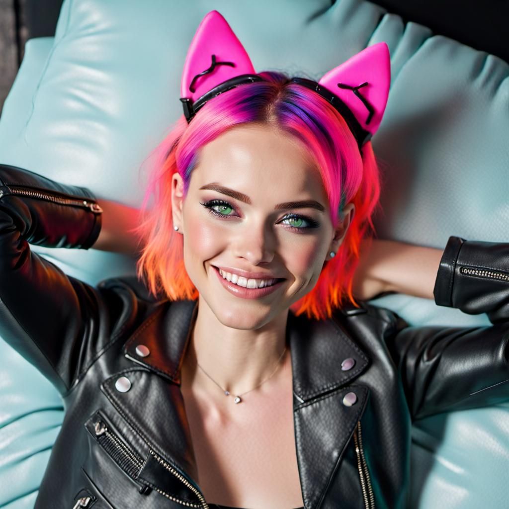 Woman with Neon Hair and Cat Ears