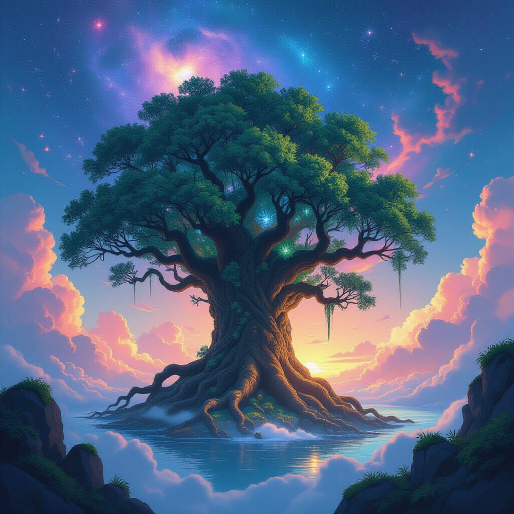 Ancient Tree Ecosystem in Nebula Void, Fantasy Concept Art