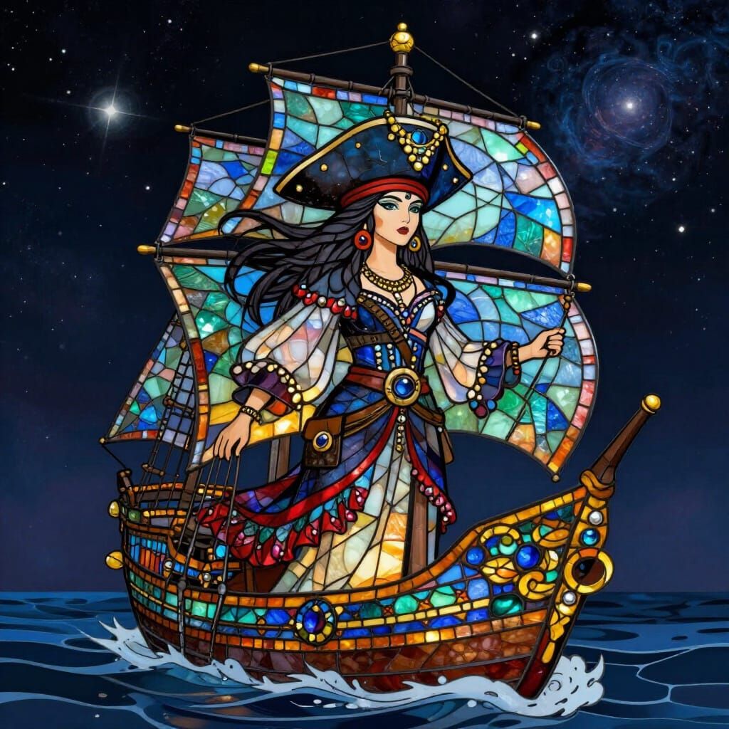 Goddess Pirate Sails Cosmos in Tiffany Glass Ship, Art Nouve...