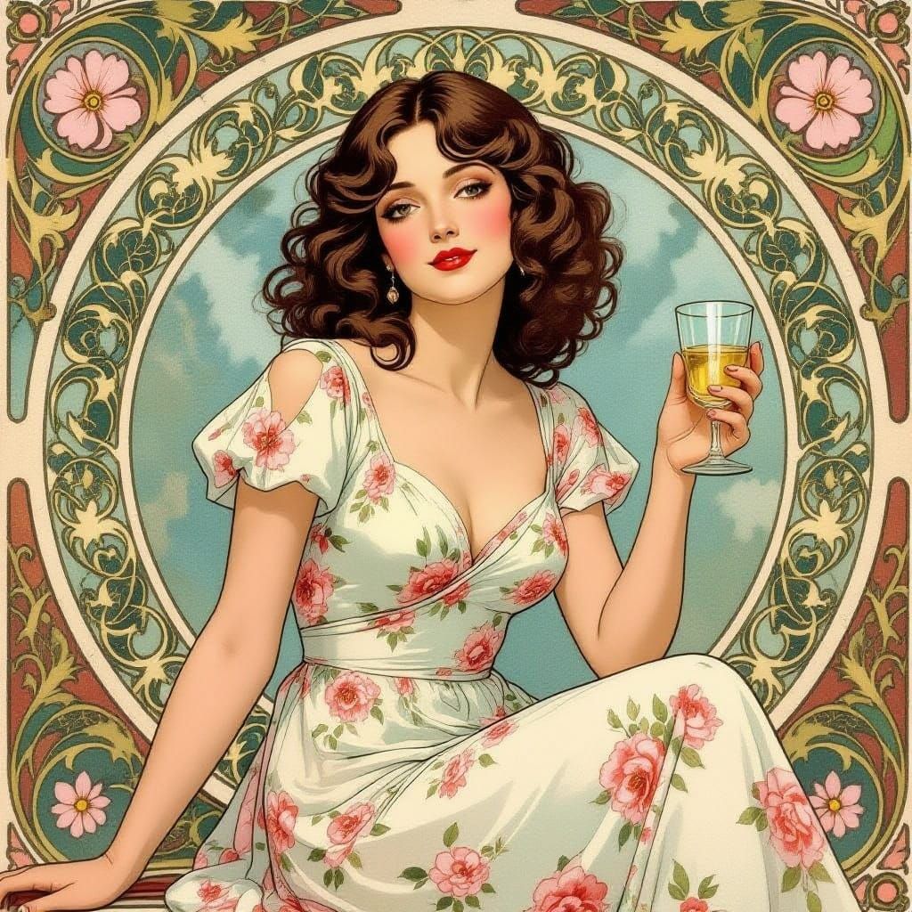 Brunette in Floral Dress, Art Nouveau Style