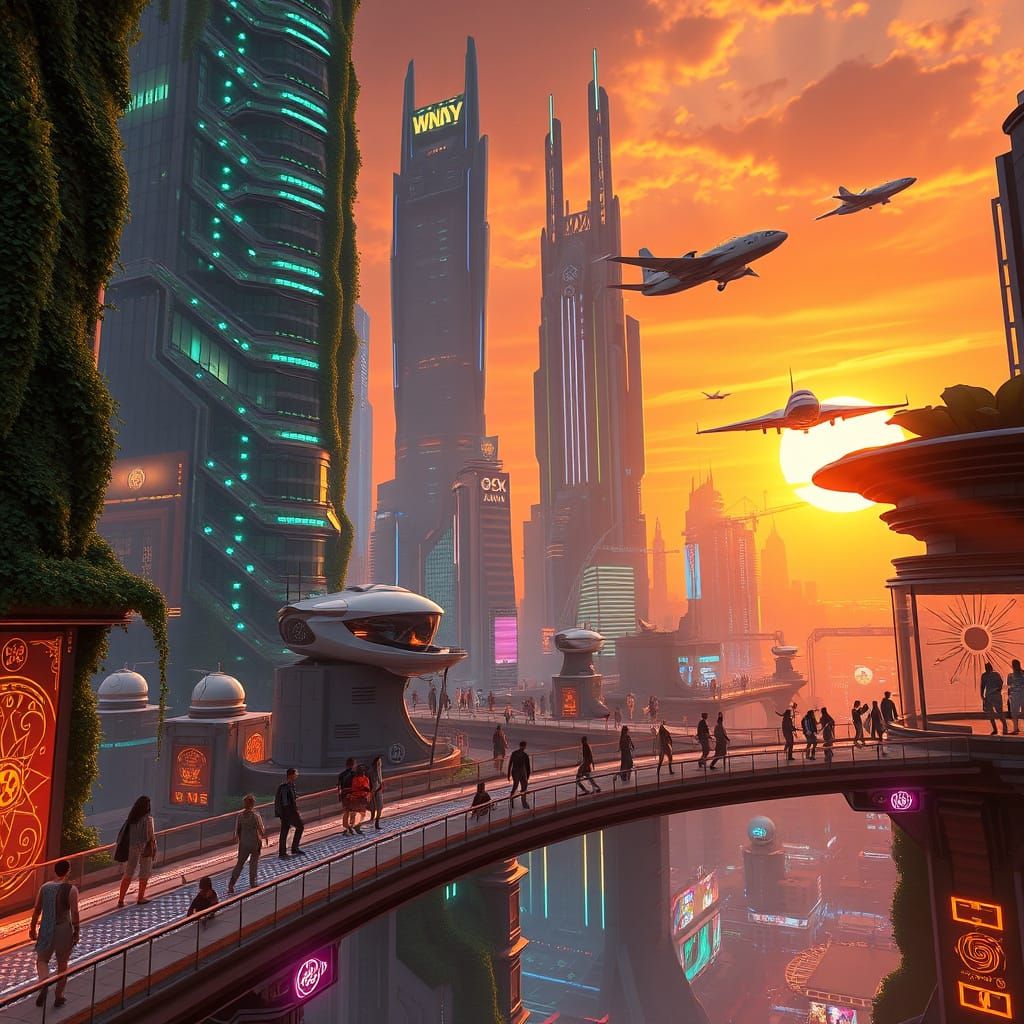 Cyberpunk Cityscape at Sunset in Vibrant Hues