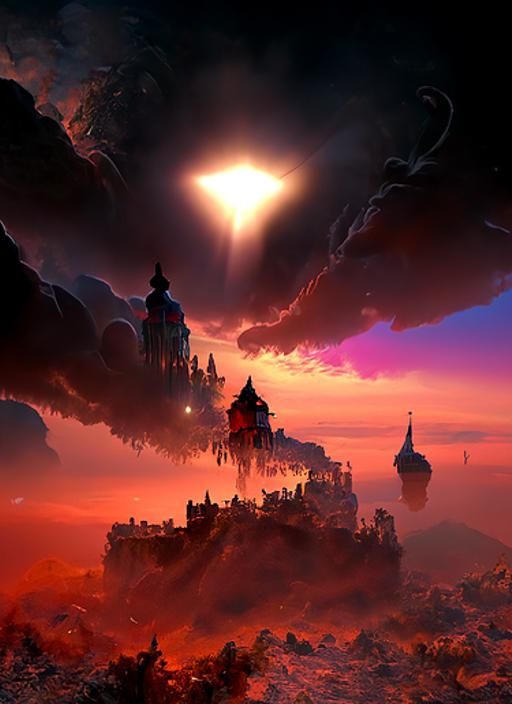 Surreal Castle Painting at Sundown in Hyperrealism