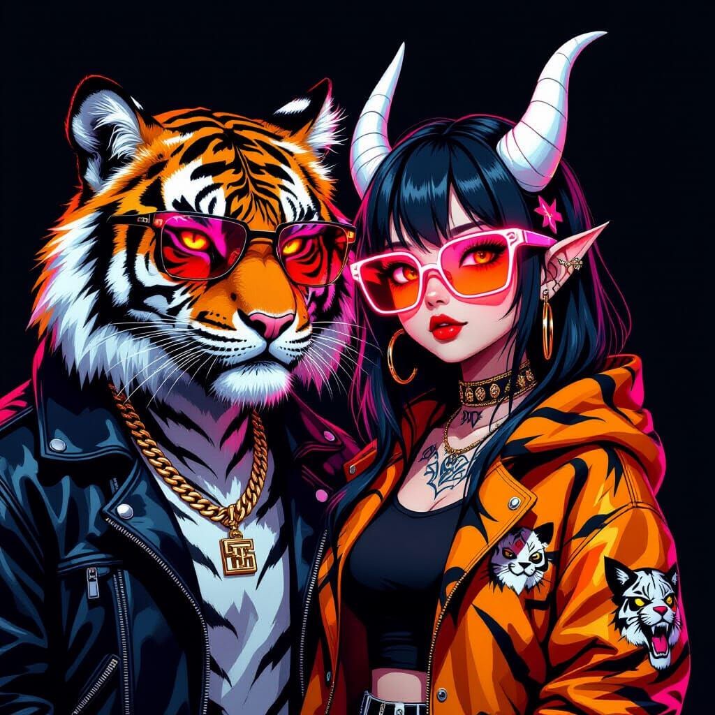 Anime Demon Girl and Tiger in Streetwear with Neon Sunglasse...