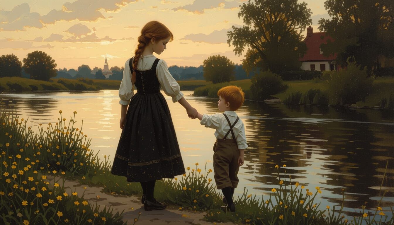 Ethereal Riverbank Stroll: Polish Girl and Boy in Golden Hou...